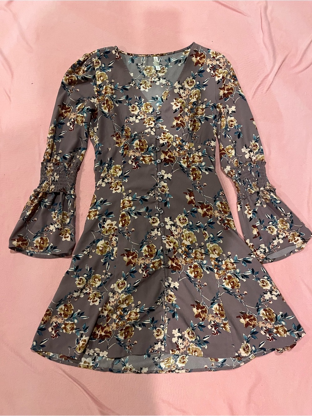 Xhilaration Dusty Mauve Floral V-Neck Dress
